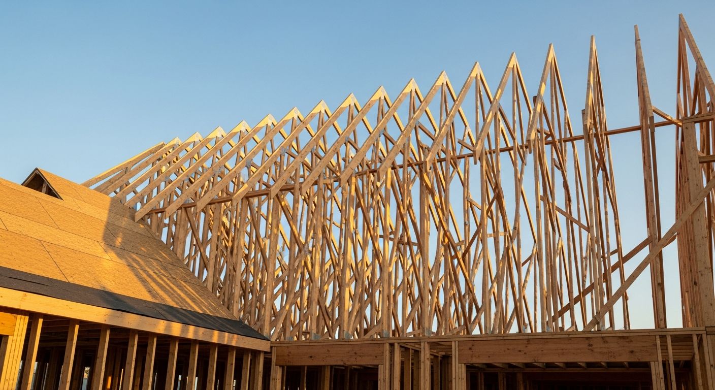 Wood roof trusses and sheathed roof framing on a home under construction